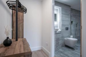 a bathroom with a toilet and a sink at Suite 6 - Sleeping Giant Hotel - Pen Y Cae Inn in Brecon