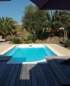 einen Pool im Garten mit Sonnenschirm in der Unterkunft Casa Chélo in Saint-Vincent-de-Tyrosse
