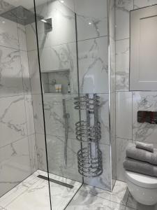 uma casa de banho com um chuveiro e um WC. em Beautiful 1-Bed Studio in Bourne end em Bourne End