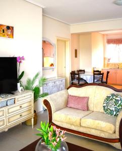 uma sala de estar com um sofá e uma televisão em Calma House em Kanálion