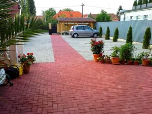 uma entrada de tijolos vermelhos com vasos de plantas e um carro em Studio Florida em Štúrovo