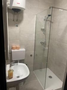 ein Bad mit einer Dusche und einem Waschbecken in der Unterkunft Casa Del Sole in Gradac