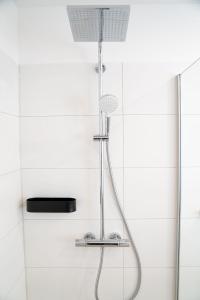 y baño con ducha con cabezal de ducha. en Gemütliches Design Appartment in Wolfsburg en Wolfsburg