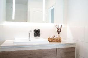 a bathroom counter with a sink and a mirror at Gemütliches Design Appartment in Wolfsburg in Wolfsburg