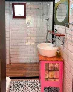 een roze badkamer met een wastafel en een spiegel bij Mandalin Apart 