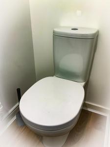 a white toilet sitting in a corner of a room at Jockey house in Andover