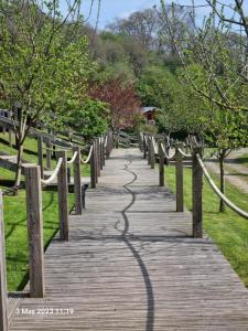 a wooden walkway with a fence and trees at Mountain Edge Resort Mega pod 6 with Hot Tub in Church Stretton