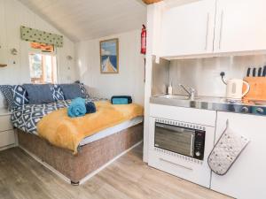 a small kitchen with a bed in a tiny house at Langdale Lodge in Okehampton