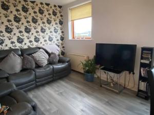 sala de estar con sofá de cuero y TV de pantalla plana en Vera’s Penthouse, en Wexford