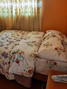 een bed met twee kussens en een raam bij Villa el sol in Cajamarca
