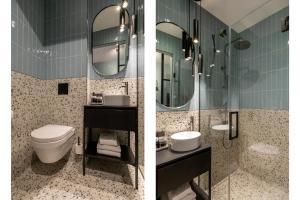 2 fotos de un baño con aseo y lavabo en Studio Zeebries - Van der Manderelaan 16 - Koudekerke 'Studio BRIES', en Koudekerke