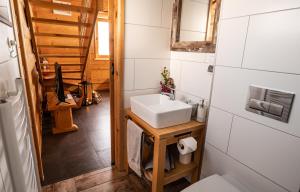 ein Bad mit einem Waschbecken und einem WC in der Unterkunft HRYCÓWKA Domki z Widokiem in Grywałd
