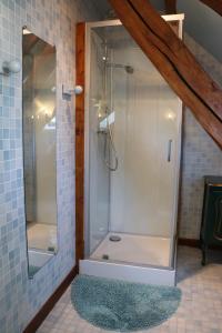 a shower in a bathroom with a glass shower stall at les bruyères in Méry-sur-Cher