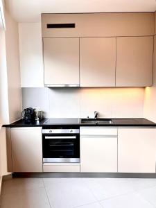 a kitchen with white cabinets and a stove top oven at Luxury Studio Near UN & Train Station in Geneva