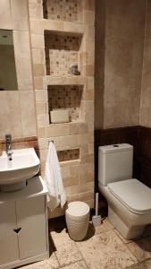 uma casa de banho com um WC branco e um lavatório. em Large 2 Bed Holiday Let in Central Ystradgynlais em Ystradgynlais