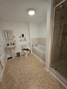 a bathroom with a shower and a toilet and a sink at Leopard in Dutton Warrington in Warrington