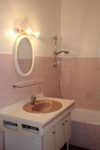 ein Badezimmer mit einem Waschbecken, einem Spiegel und einer Badewanne in der Unterkunft Appartement Les Balcons du Golfe Sanguinaires Ajaccio in Ajaccio