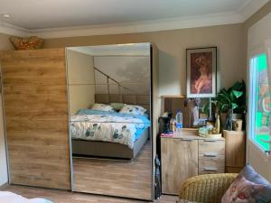 1 dormitorio con espejo y 1 cama en Jungle Magic Room near Atomium , Heyzel Stadium en Strombeek-Bever