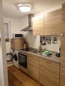 uma cozinha com armários de madeira, um lavatório e uma máquina de lavar louça em Traumhaftes Apartment mit Exclusiver Ausstattung + WLAN gratis em Schöfweg