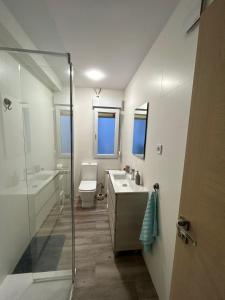 y baño con aseo, lavabo y ducha. en Apartamento céntrico, en Santander