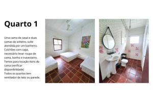Duas fotografias de uma casa de banho com um lavatório e um espelho. em Holambra e a natureza rural em Holambra