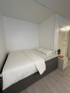 a white bedroom with a bed and a mirror at Chic and Relaxing Studio in Hyvinkää