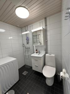 a bathroom with a toilet and a sink and a tub at Chic and Relaxing Studio in Hyvinkää +11 photos
