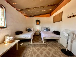 Cette chambre comprend deux lits et un ventilateur. dans l'établissement Daureb Isib Campsite and B&B, à Uis