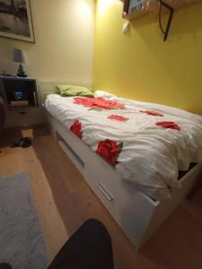 uma cama com flores vermelhas num quarto em Chambres d hôtes entrée+sanitaires indépendantes em Thorigné-sur-Dué