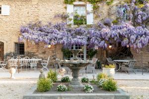 une glycine suspendue au-dessus d'une fontaine devant un bâtiment dans l'établissement Le Clos de Lucie, à Lagnes