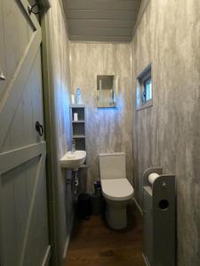 a small bathroom with a toilet and a sink at Spring Grounds Farm Shepherd Huts 