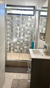 baño con ducha con lavabo y ventana en Superbe appartement classé 4 étoiles - le Boulou, en Le Boulou