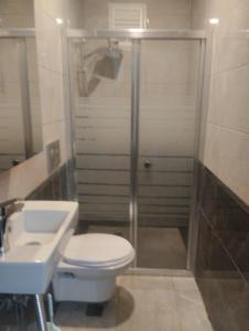een badkamer met een douche, een toilet en een wastafel bij Mr Lion Kumkapı Otel in Istanbul