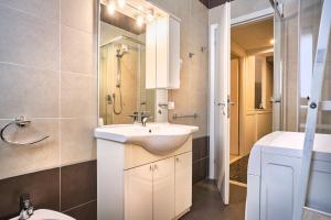 uma casa de banho com um lavatório, um chuveiro e um WC. em La Voliera em Verona