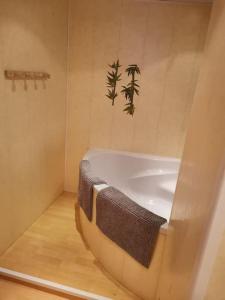 a bathroom with a bath tub with a towel at Maison vosgienne 2 à 8 personnes in Rochesson