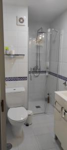 y baño blanco con ducha y aseo. en Appartement avec vue sur baie de Malaga, en Torre de Benagalbón