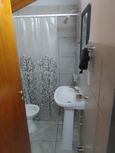 a bathroom with a shower with a sink and a toilet at El Elyon Duplex in Santa Rosa de Calamuchita