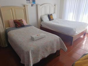 een slaapkamer met 2 bedden en een nachtkastje bij Hostal Mago in Tlaxcala de Xicohténcatl