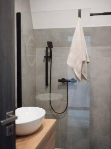 a bathroom with a shower with a white sink and a glass shower door at Áčko in Oščadnica