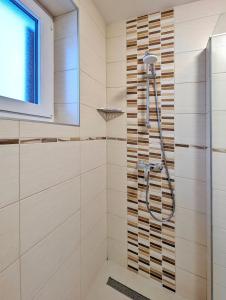 y baño con ducha y puerta de cristal. en Apartment Galerija en Radovljica