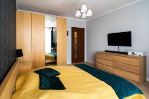 a bedroom with a large bed and a television at Verona Apartament 115 in Kraków