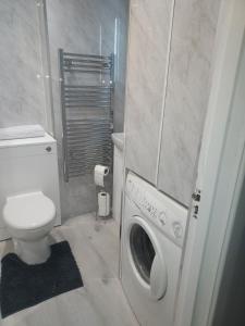 a bathroom with a toilet and a washing machine at 4B Wentworth Street Apartment in Portree