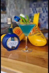 een blauw drankje in een martini glas naast een fles gin bij Ecoresort Colombo Holandes in Cali