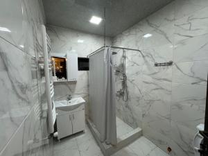 a white bathroom with a shower and a sink at Villa Borjomi in Borjomi