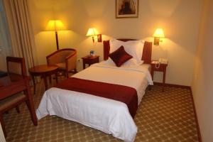 ein Hotelzimmer mit einem Bett, einem Tisch und Stühlen in der Unterkunft Dreamliner Hotel in Addis Abeba