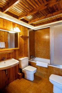 a bathroom with a toilet and a sink and a tub at Pleta Ordino 51, Duplex rustico con chimenea, Ordino, zona Vallnord in Ordino