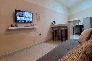 ein Wohnzimmer mit einer Couch und einem Fernseher an der Wand in der Unterkunft Estudio Balandra cerca del aeropuerto SJD in San José del Cabo