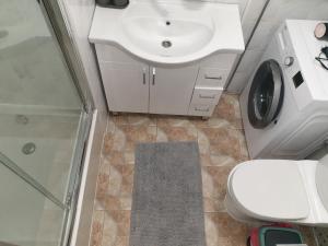 a bathroom with a sink and a toilet and a shower at Mano jūra in Palanga +4 photos