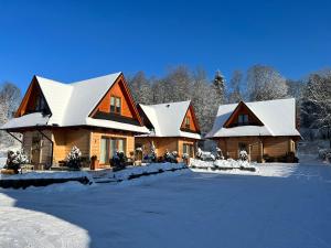 a log cabin in the snow with snow at Żabie Dworki Witów Luxury Chalets & SPA in Witów