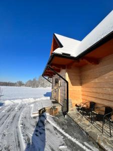 a shadow of a dog standing in front of a cabin at Żabie Dworki Witów Luxury Chalets & SPA in Witów